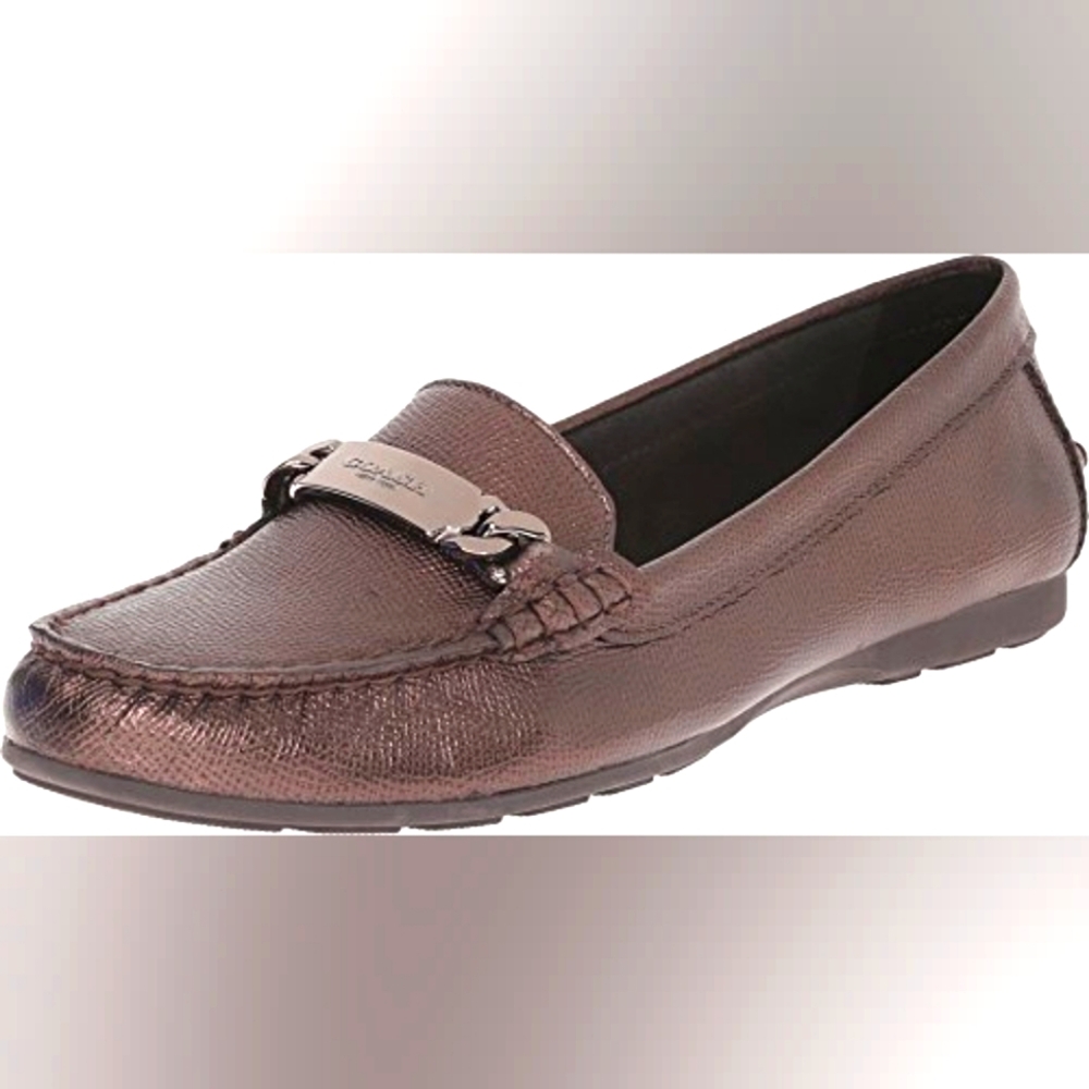 Coach Designer Olive Metallic Burgundy Crossgrain Leather Loafers Flats 6B
